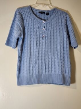 JEANNE PIERRE Light Blue Cable Knit Short Sleeve Sweater